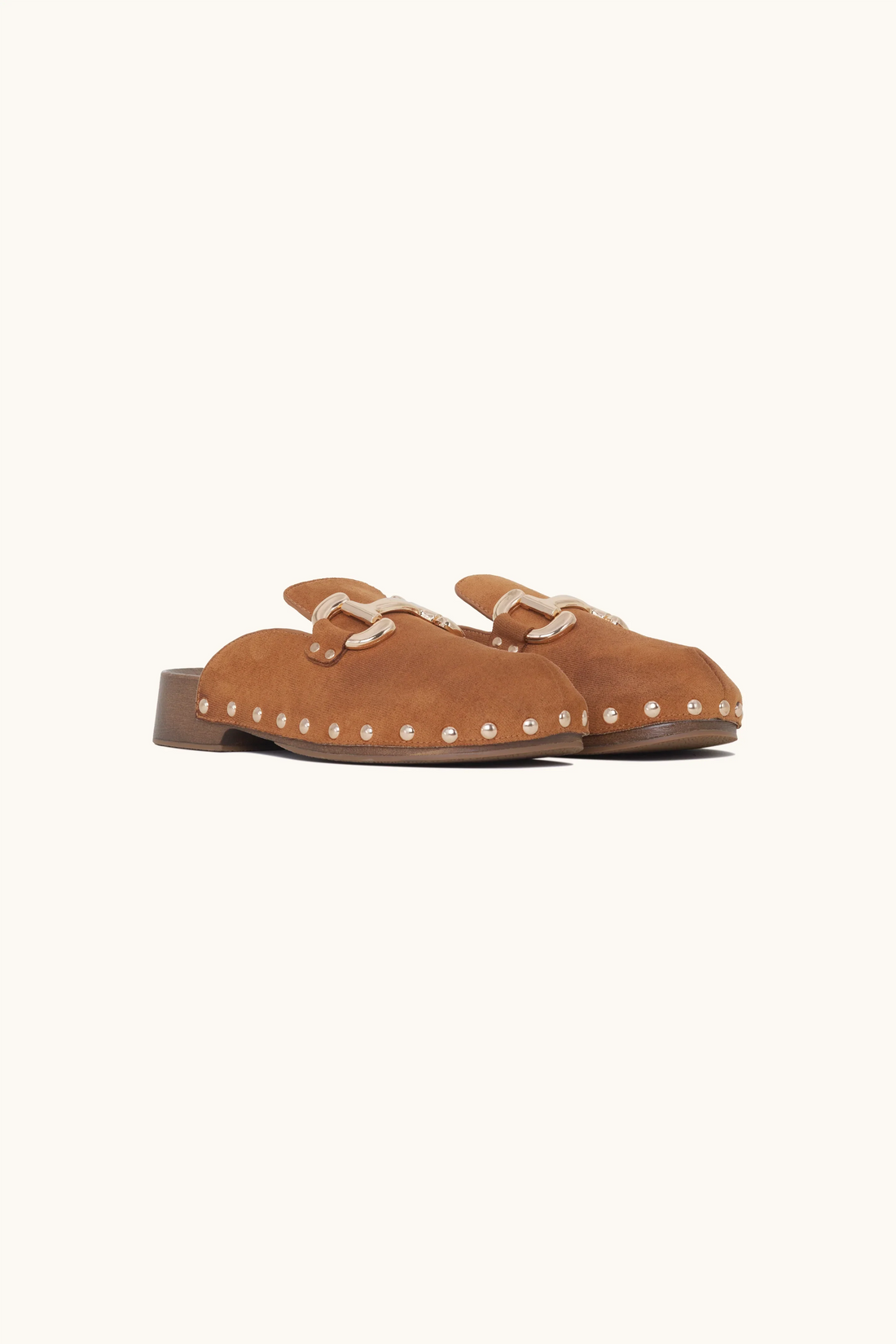 Mules à talons ouverts à boucle dorée camel
