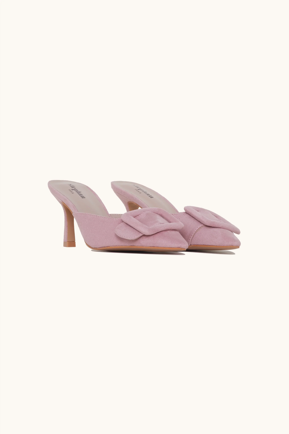 Mules à talon ouvert avec détail boucle rose