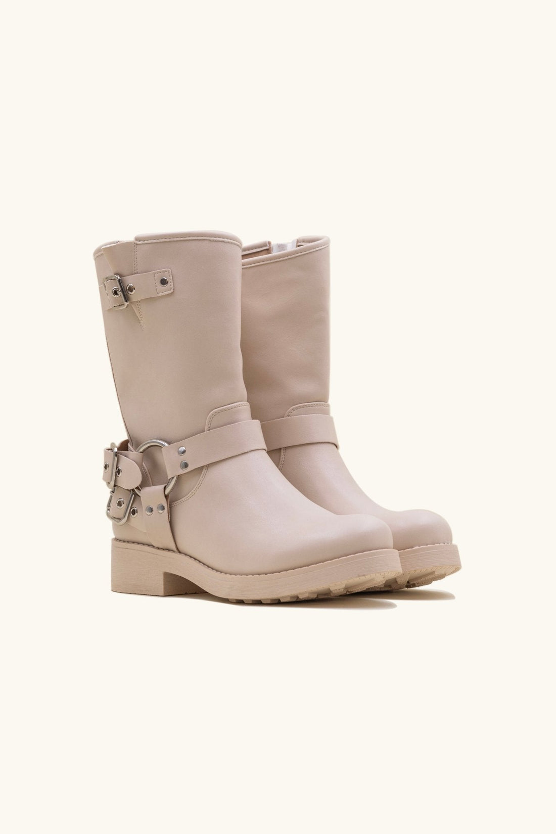 Bottines bikers à sangles beige